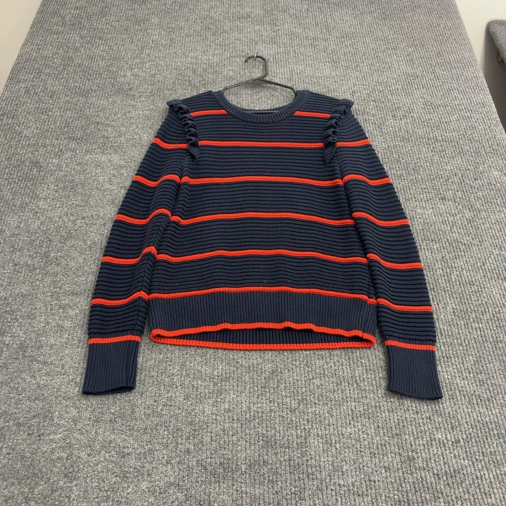 Banana Republic Sweater Women L Blue Cotton Ruffle Shoulder Striped Preppy